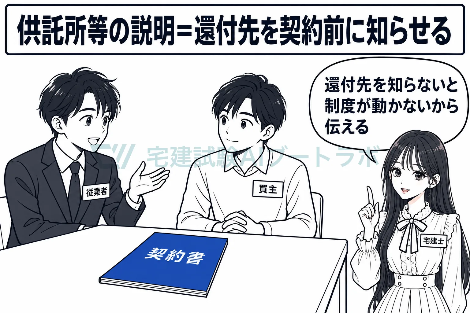 署名前の契約書を前に従業者が買主へ口頭で話し、供託所等の説明は還付先を契約前に知らせるためだと先生が示す絵。