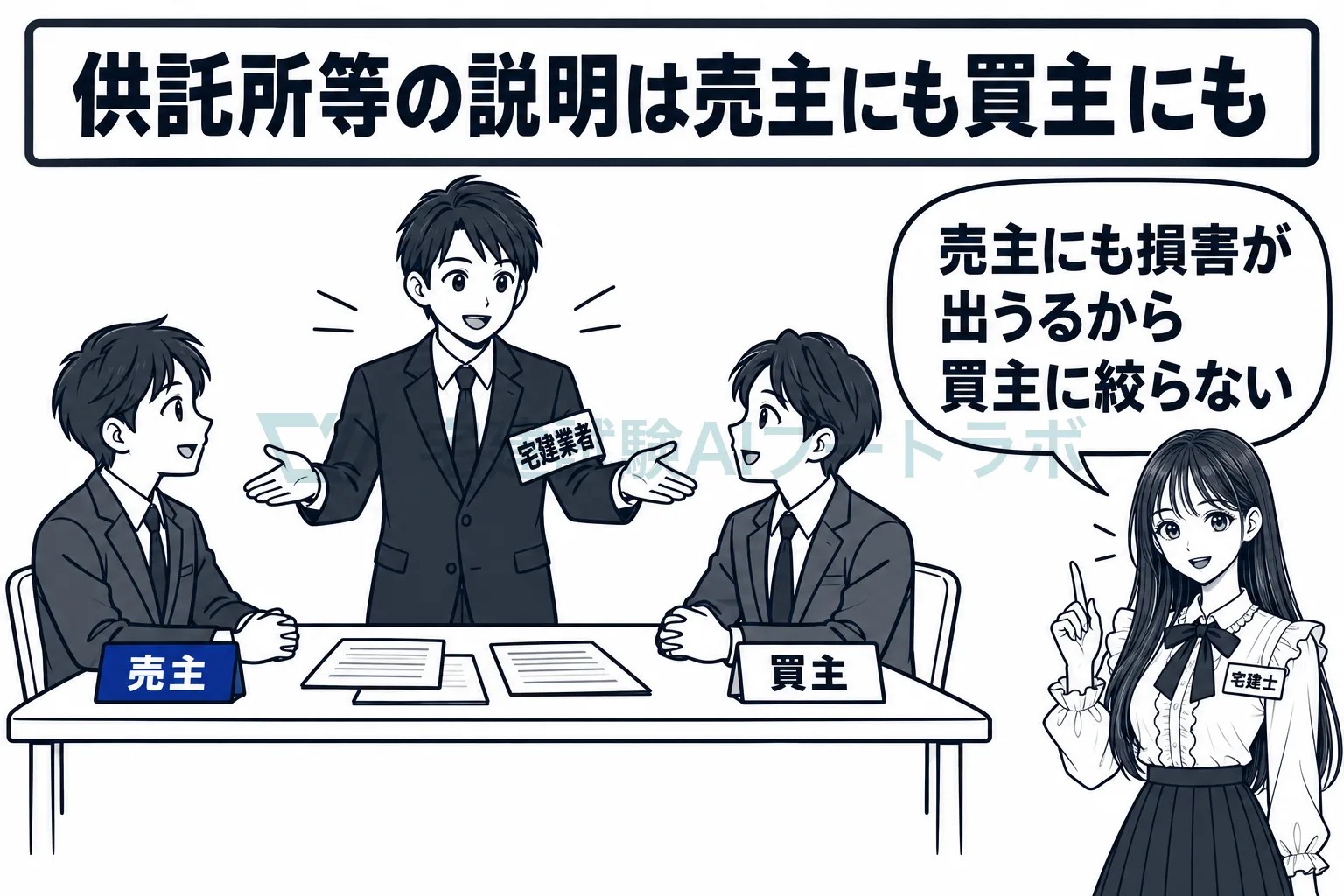 媒介の席で宅建業者が売主と買主の両方に話し、供託所等の説明の相手は買主側に限られないと先生が示す絵。