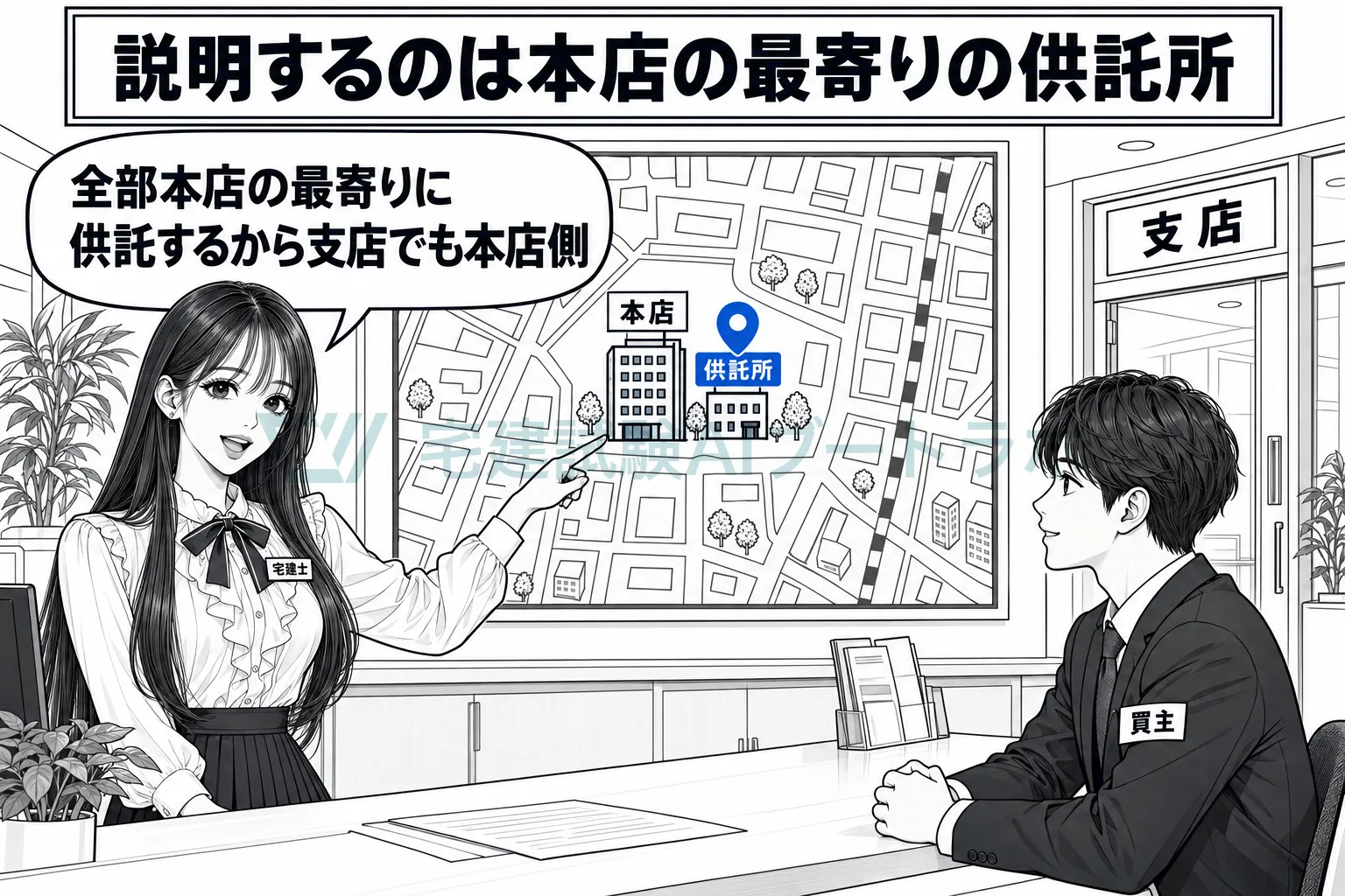 支店のカウンターで先生が地図の本店近くの供託所を指し、支店の契約でも説明するのは本店の最寄りの供託所だと示す絵。