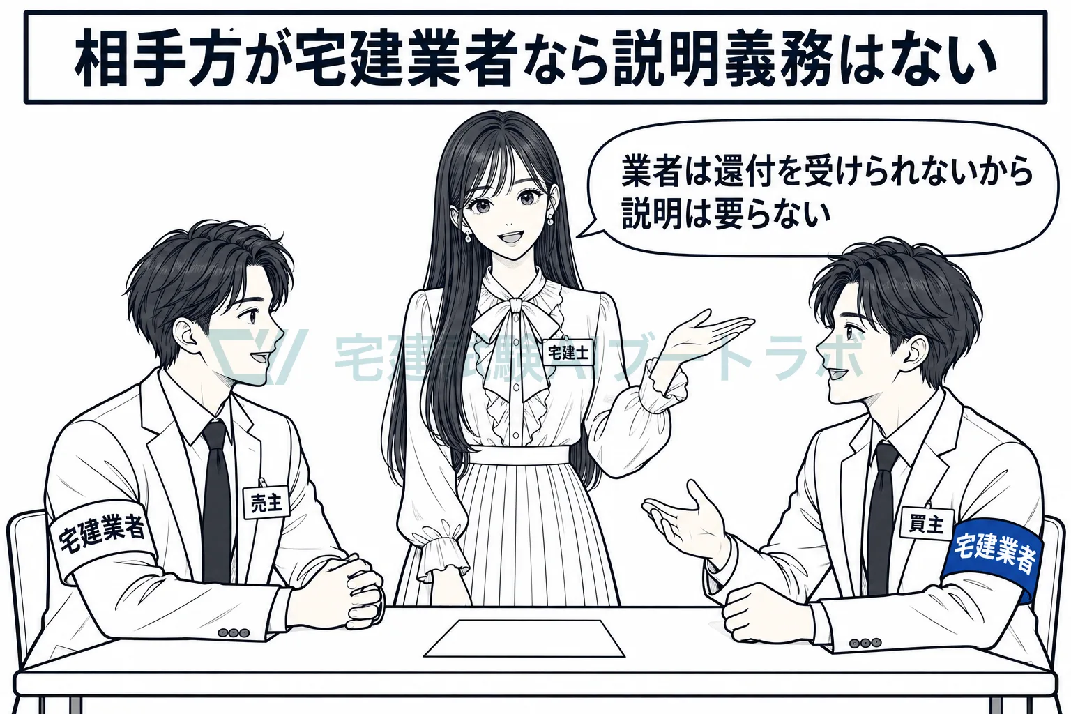 宅建業者どうしの取引の席で、宅建業者は還付を受けられないので供託所等の説明義務がないと先生が示す絵。