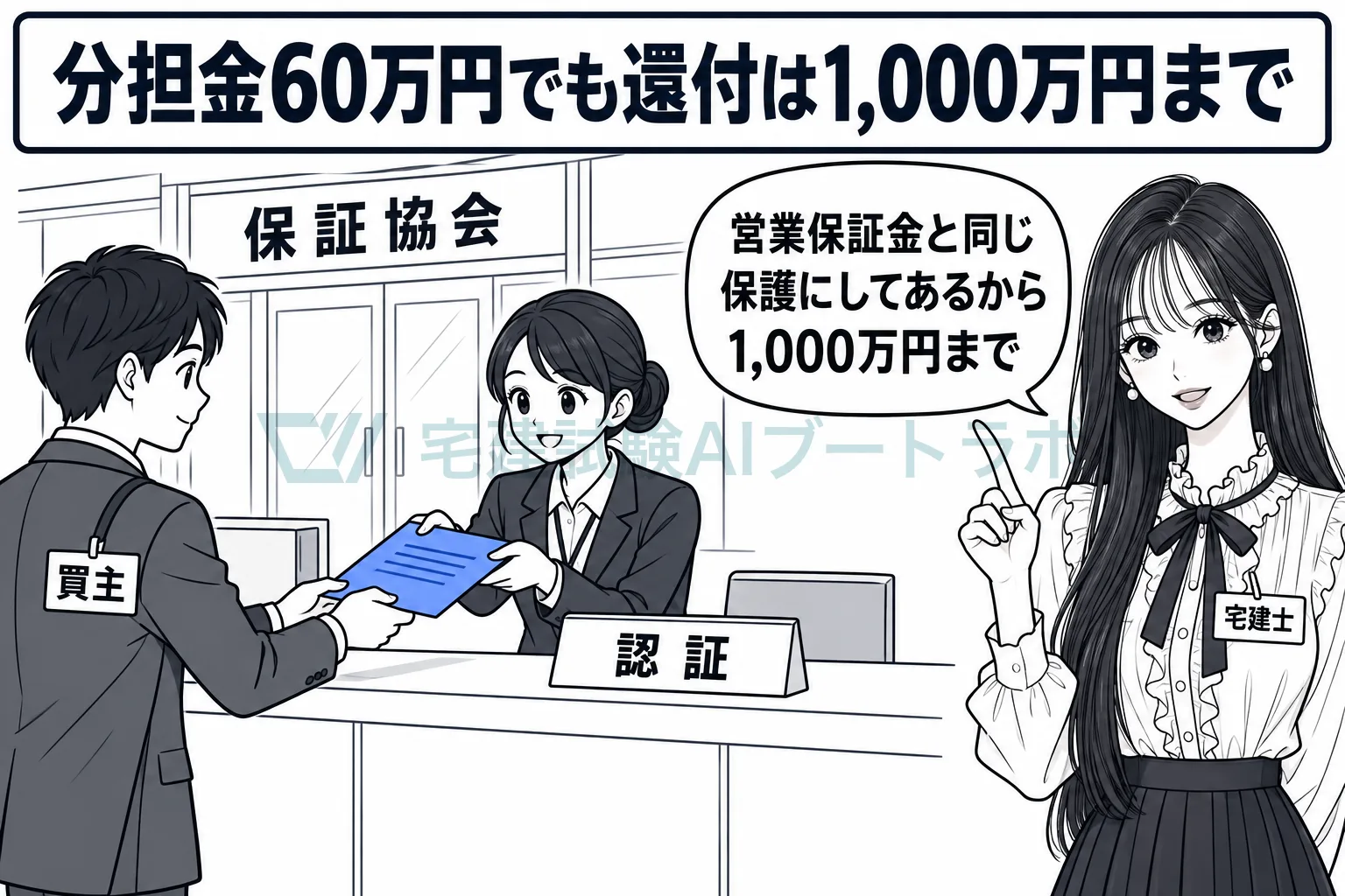 保証協会の窓口で買主が認証を受け、本店のみの社員なら分担金60万円でも還付は1,000万円までと先生が示す絵。