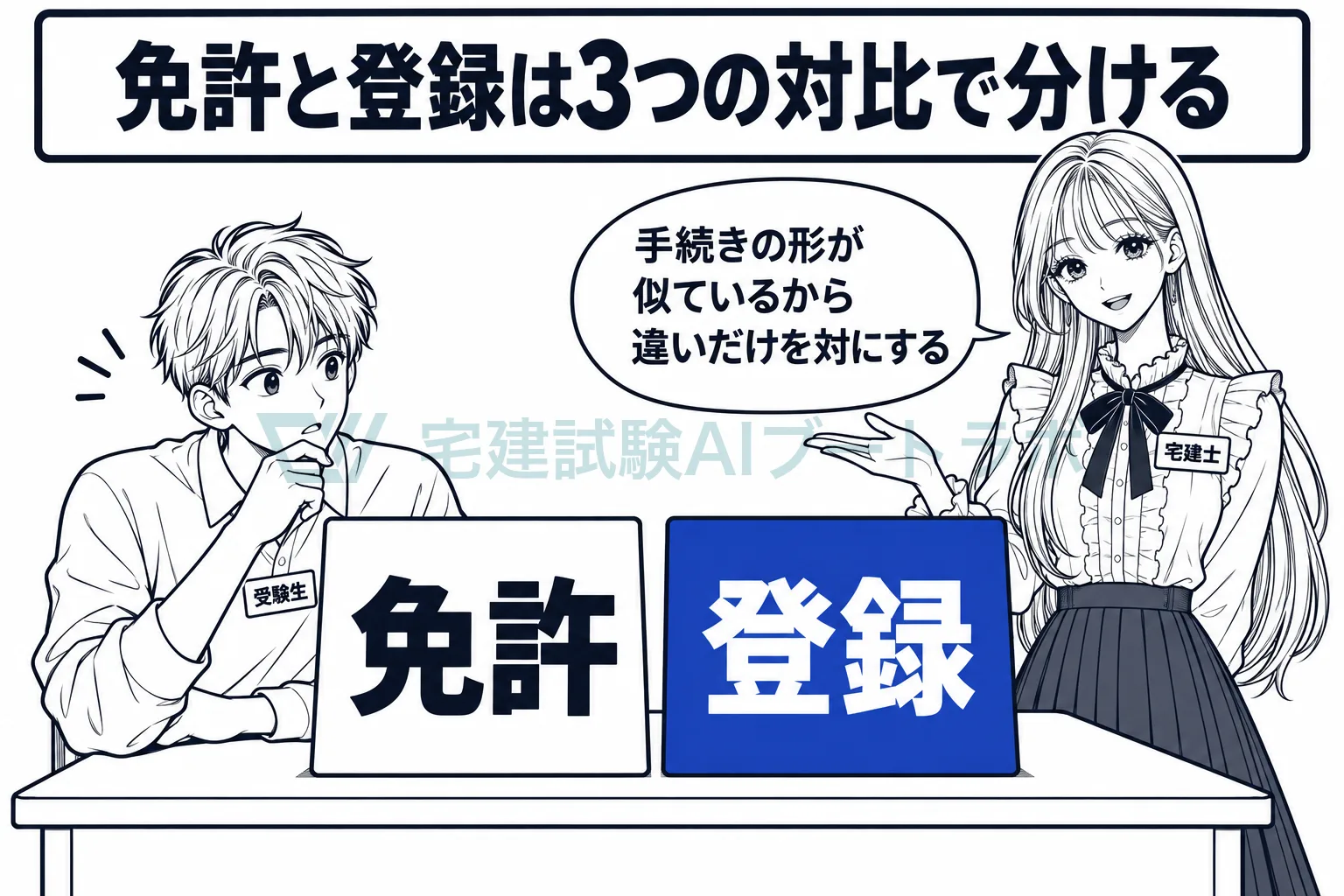 受験生が「免許」と「登録」のカードを並べ、似た手続きは3つの対比で分けて覚えると先生が示す絵。