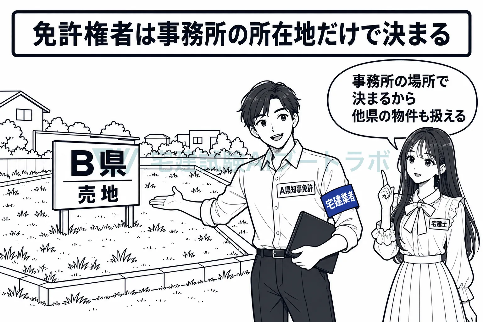 B県の売地の前でA県知事免許の業者が案内し、知事免許でも他県の物件を扱えると先生が示す絵。