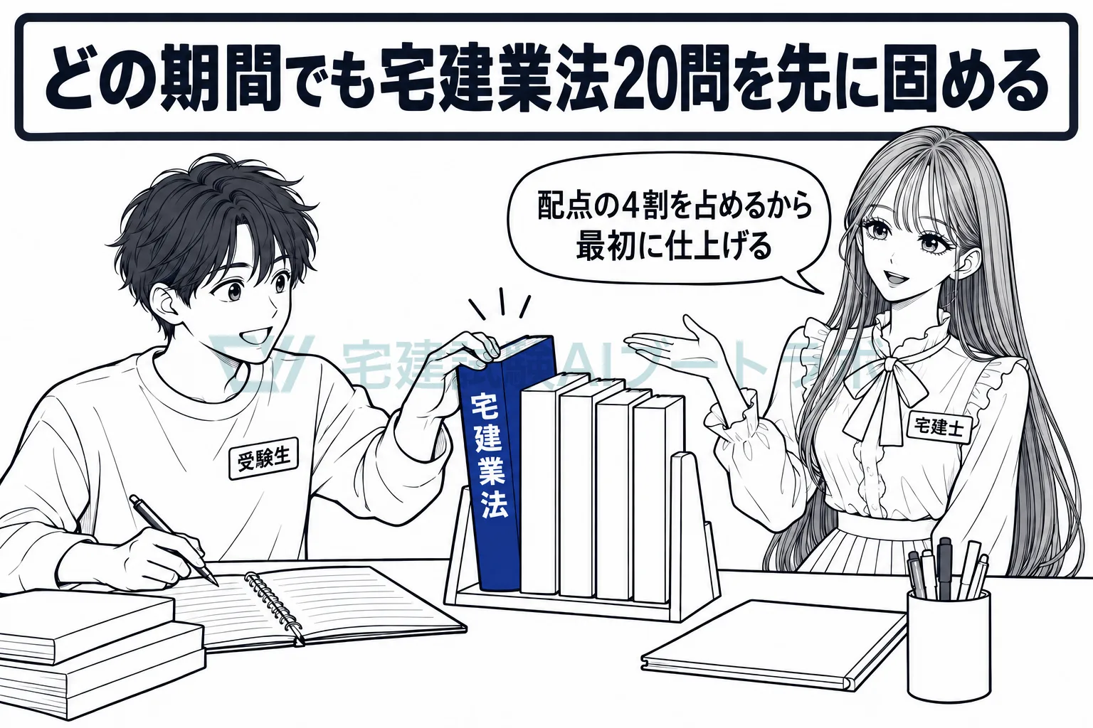 本立てから宅建業法のテキストを最初に取る受験生に、配点の4割を占めるので先に固めると先生が伝えている絵。