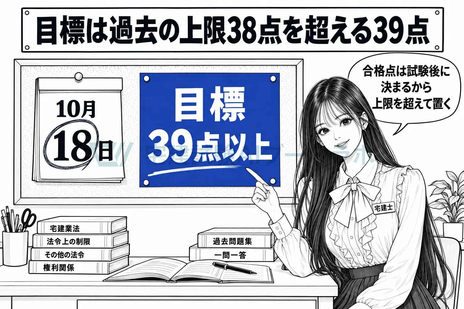 コルクボードに試験日と目標39点以上の紙が留められ、過去の上限38点を超えて目標を置くと先生が示している絵。