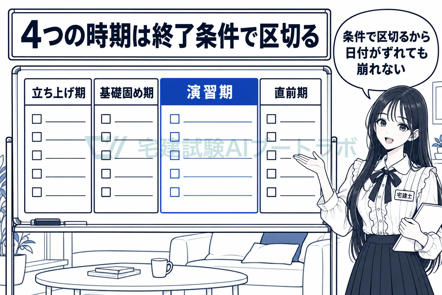 ホワイトボードに立ち上げ期・基礎固め期・演習期・直前期の4列があり、時期は終了条件で区切ると先生が示す絵。
