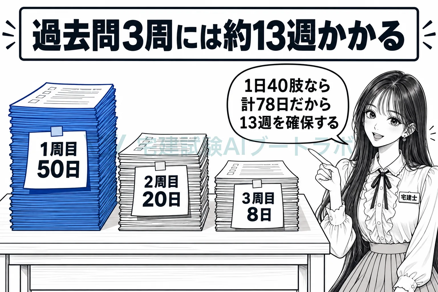 過去問の束に1周目50日・2周目20日・3周目8日の付箋が付き、演習期に約13週が要ると先生が示している絵。