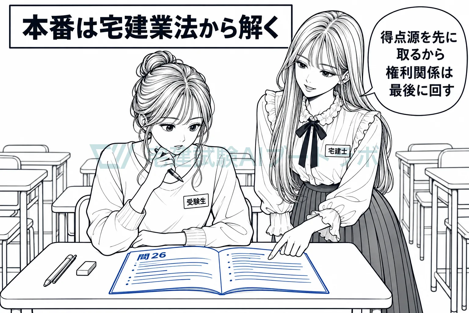 模試会場で問題冊子を問26から開く受験生に、得点源の宅建業法から解くと先生が伝えている絵。