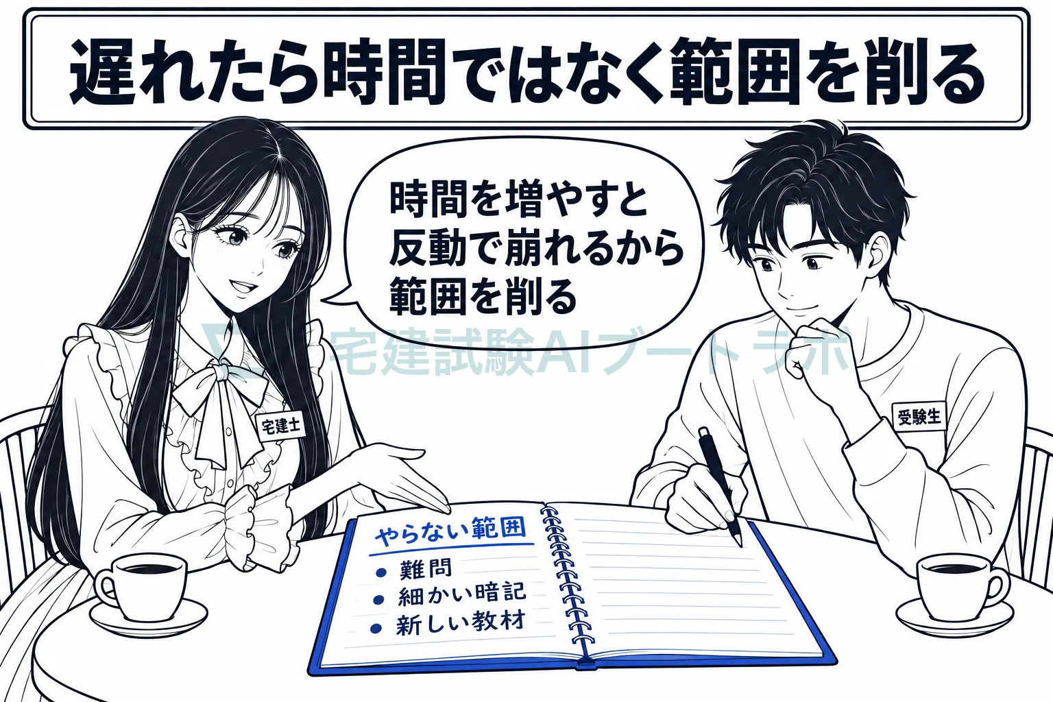 カフェでやらない範囲をノートに書き出す受験生に、遅れたら時間ではなく範囲を削ると先生が伝えている絵。