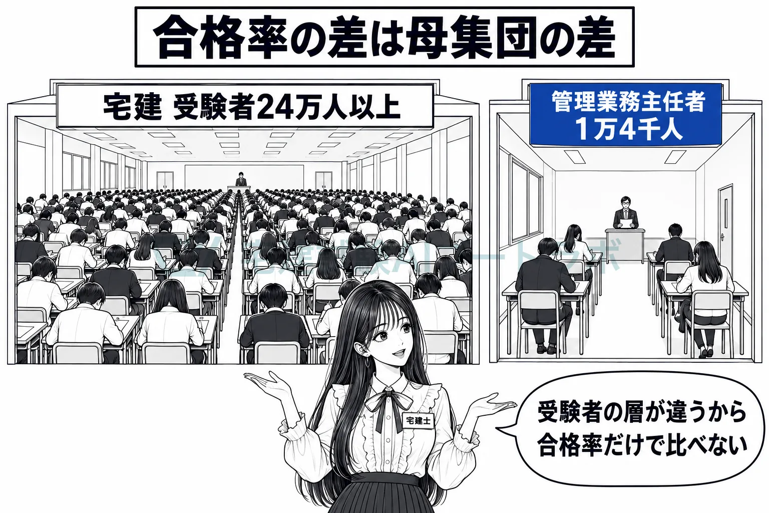 大勢が受ける宅建と少人数の管理業務主任者の試験会場を並べ、合格率の差は受験者の母集団の違いを映していると示す絵。