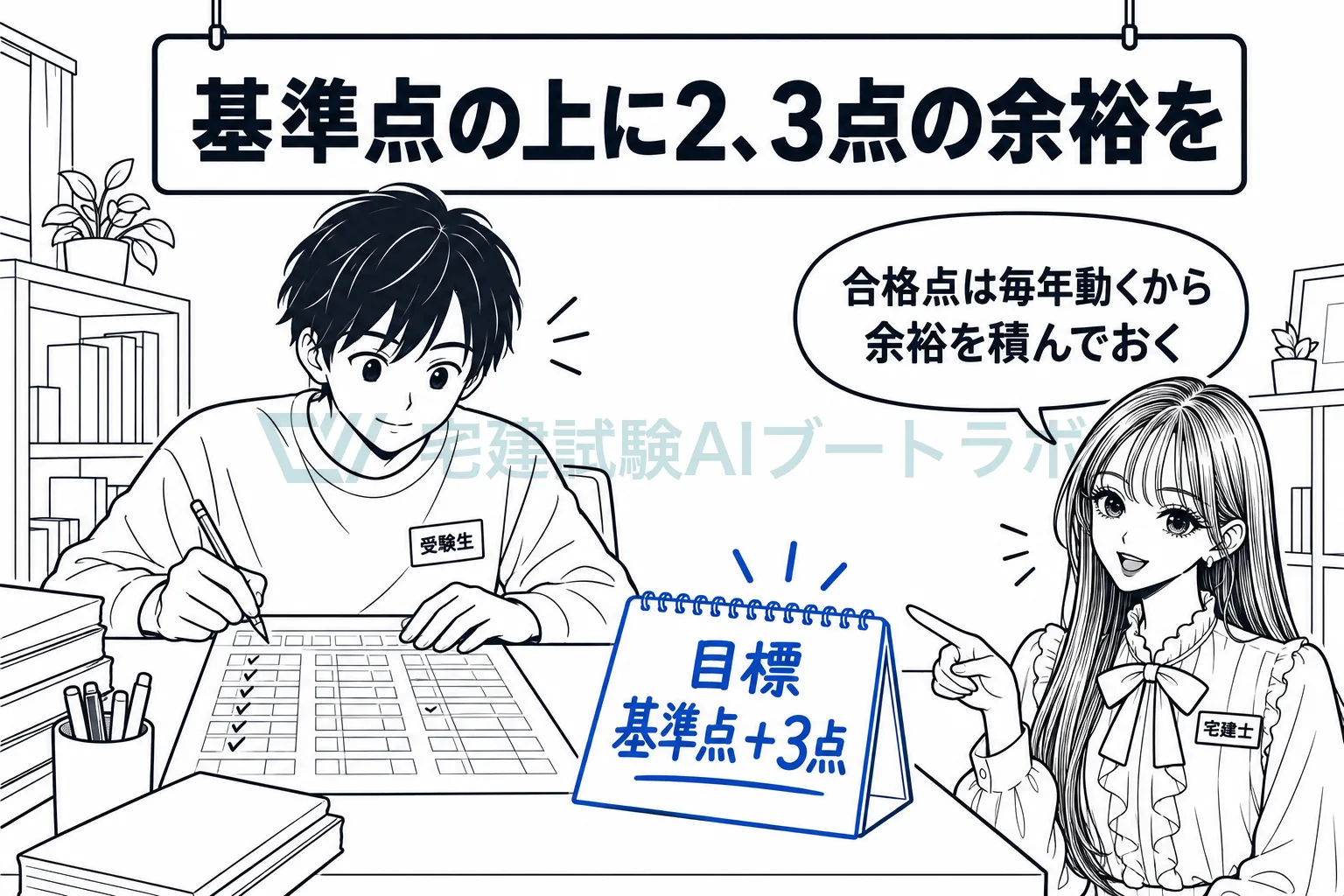 合格点が事前に決まらず年ごとに動くため、基準点ぎりぎりではなく2、3点上を狙うことを自己採点の机で示す絵。