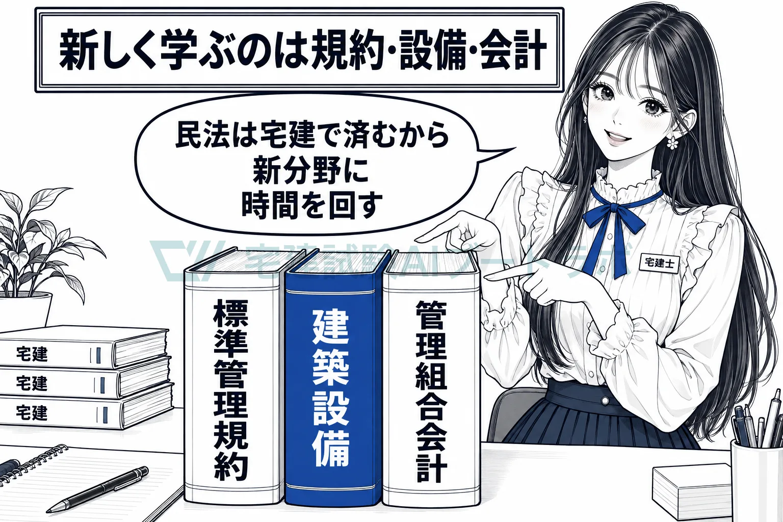 宅建で済ませた民法の本の横に、標準管理規約・建築設備・管理組合会計の3冊を並べ、宅建と重ならない分野を示す絵。