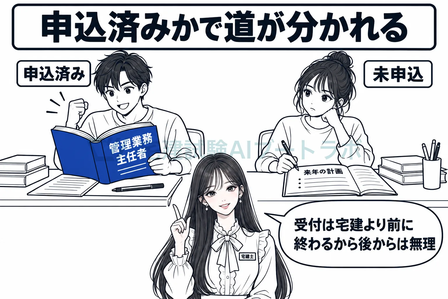 宅建試験の後は、管理業務主任者に申し込み済みなら学習に進み、未申込なら来年の計画を立てると左右に並べて示す絵。
