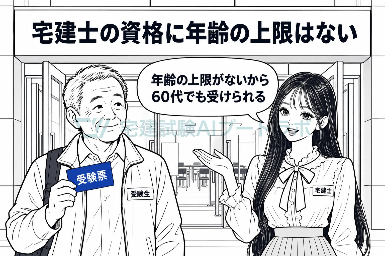試験会場の入口で受験票を持つ60代の受験生に、先生が宅建士の資格には年齢の上限がないと伝えている絵。