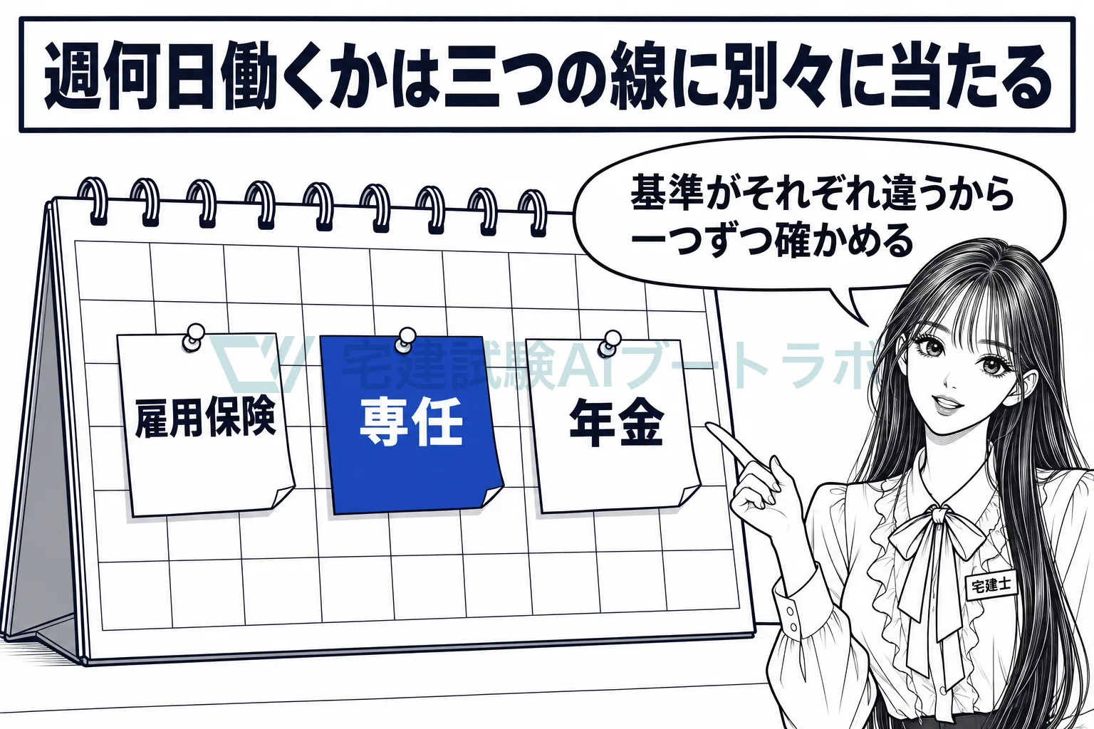 勤務表のカレンダーに雇用保険・専任・年金の三枚の付箋が並び、勤務日数は三つの基準に別々に当たると先生が示す絵。