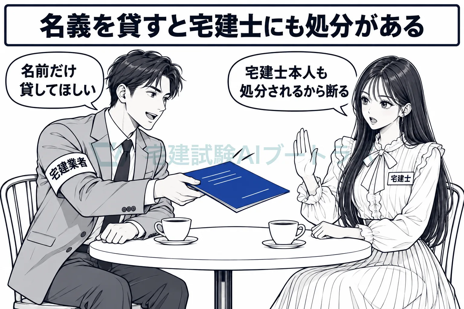 喫茶店で宅建業者に名義だけ貸してほしいと頼まれた先生が、宅建士本人も処分されるため断っている絵。