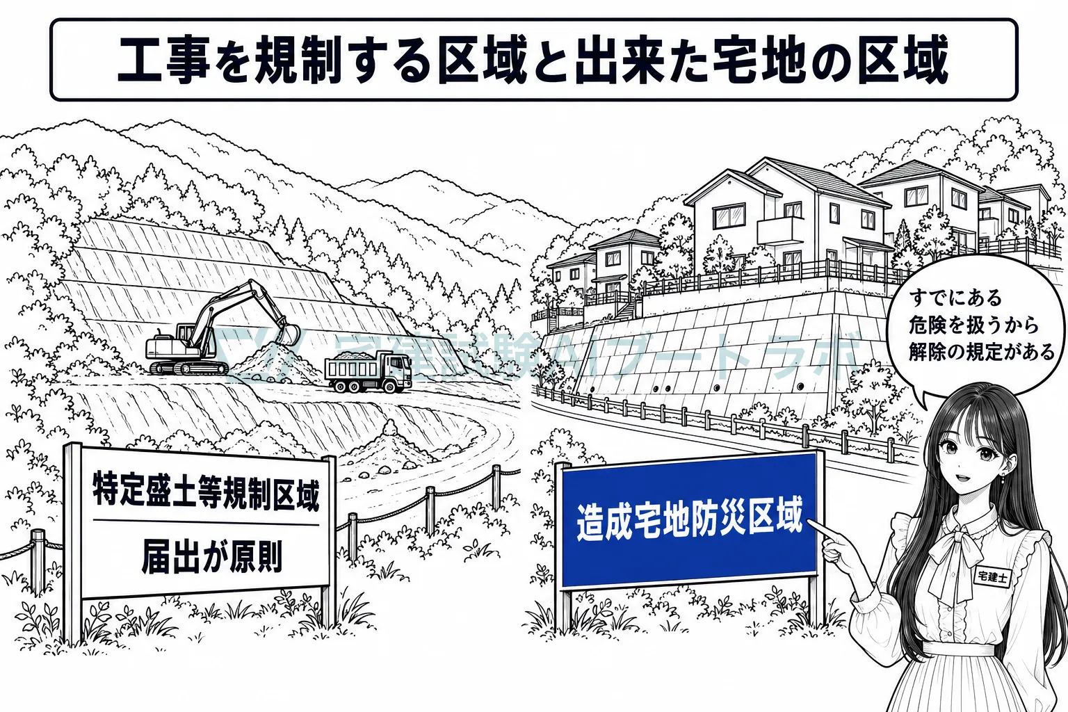 左に盛土工事中の特定盛土等規制区域、右に完成した住宅地の造成宅地防災区域を並べ、二つの区域の違いを示す絵。