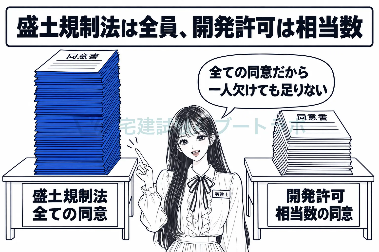 左に盛土規制法の許可に要る権利者全員の同意書、右に開発許可の相当数の同意を並べて対比する絵。