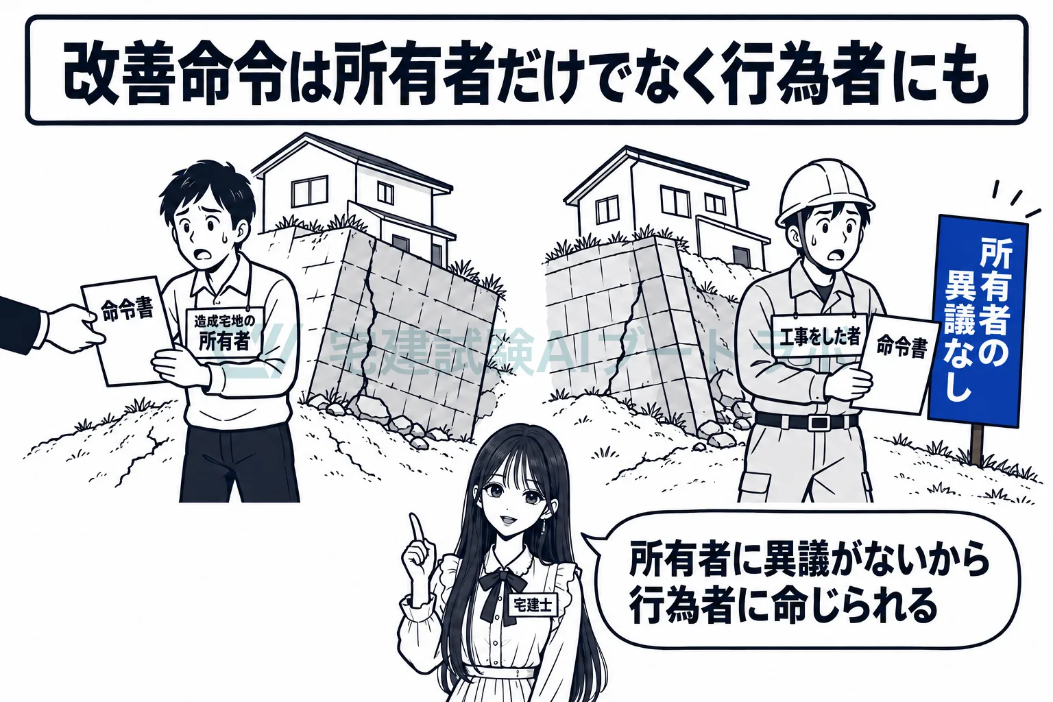 傾いた擁壁の造成宅地で、所有者だけでなく所有者に異議がなければ工事をした者にも改善命令が出せると示す絵。