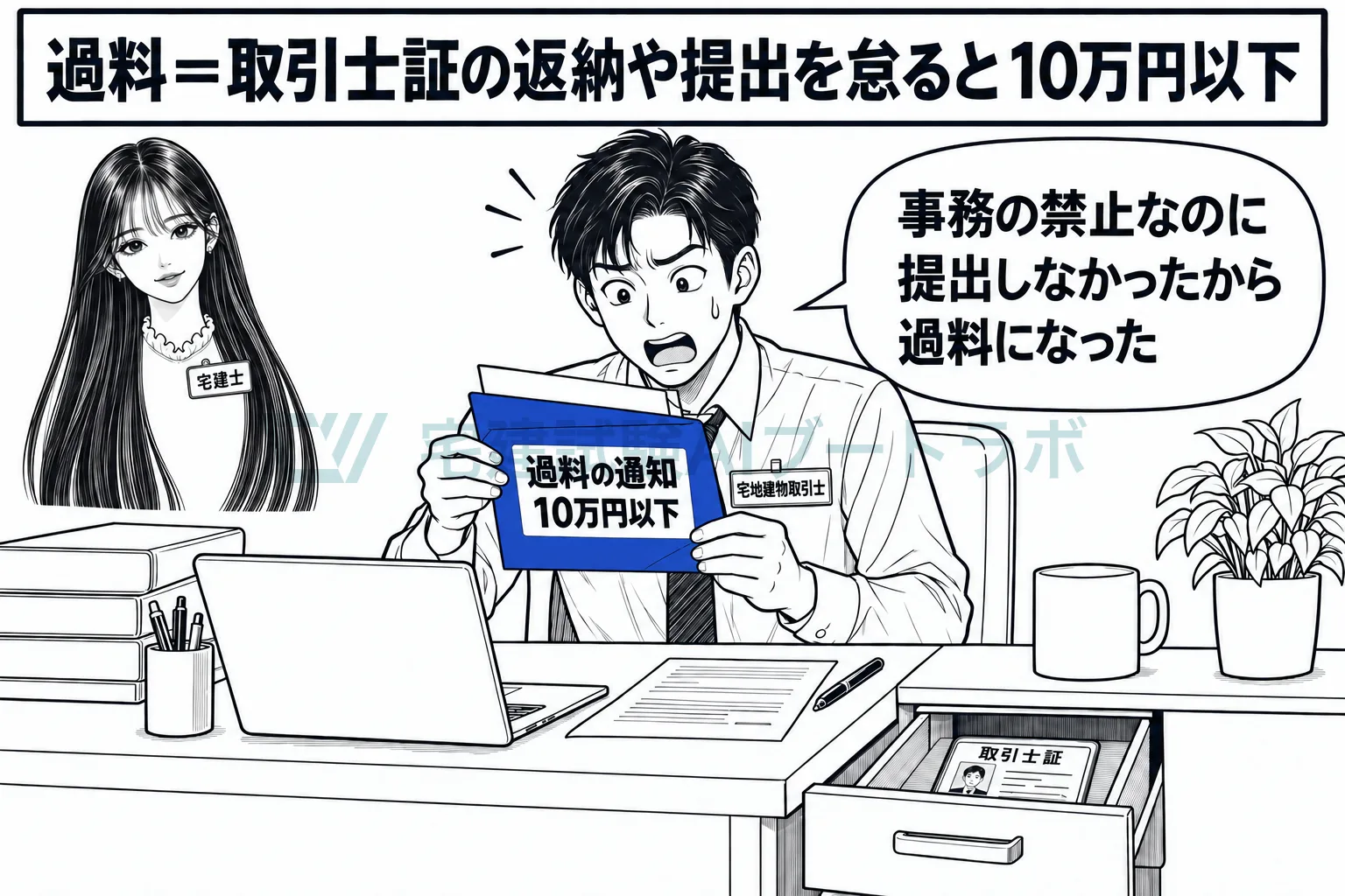 取引士証を提出しない取引士には、10万円以下の過料。