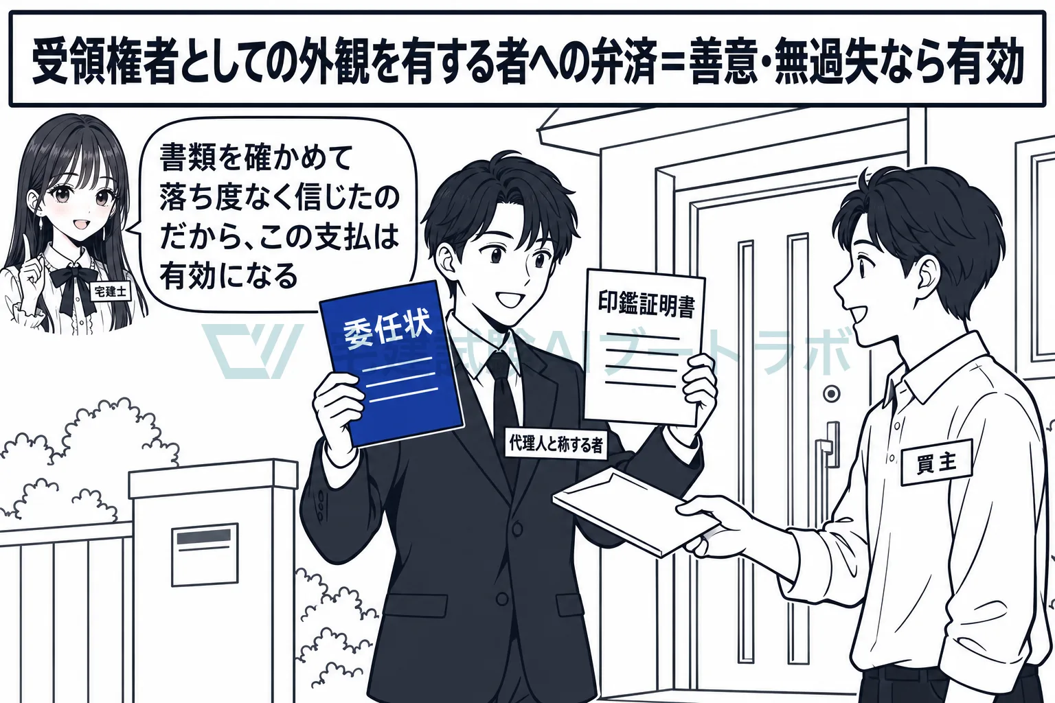 代理人らしく見える人に、落ち度なく支払ったなら、弁済は有効になる。