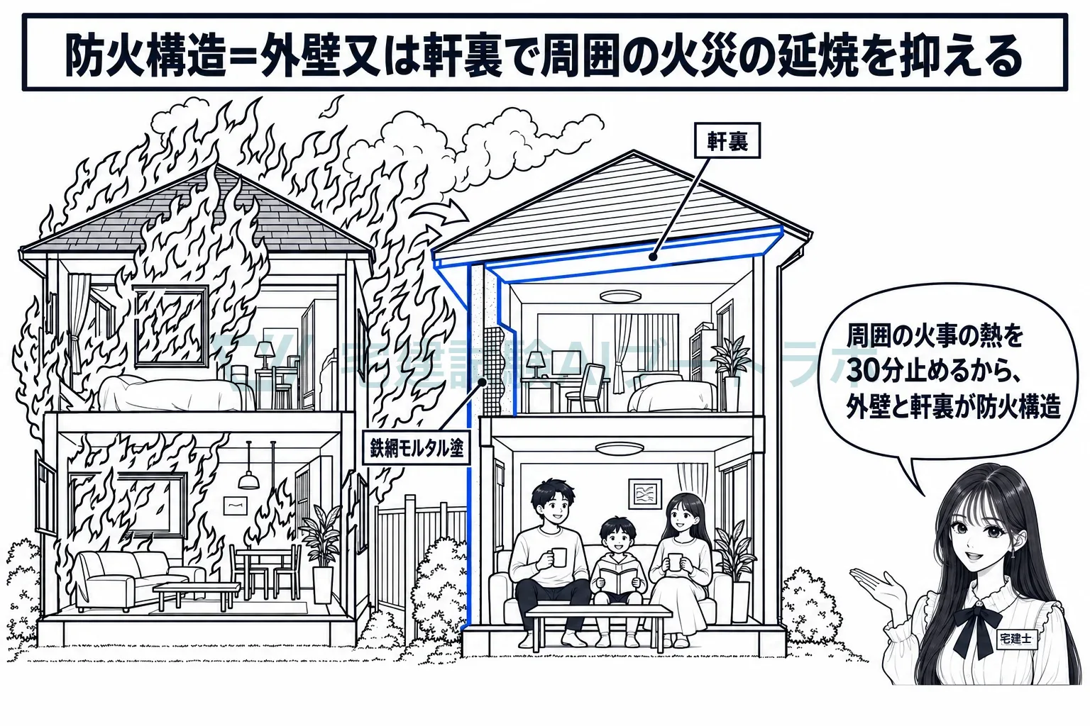 隣の火事をもらわないための、外壁と軒裏の備え。