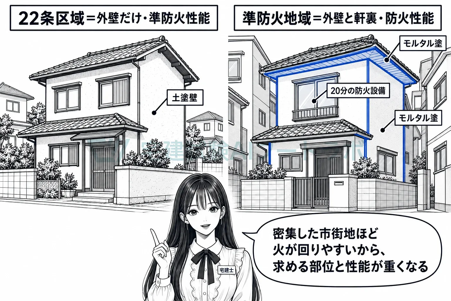 22条区域は外壁だけに準防火性能、準防火地域は外壁と軒裏に防火性能。
