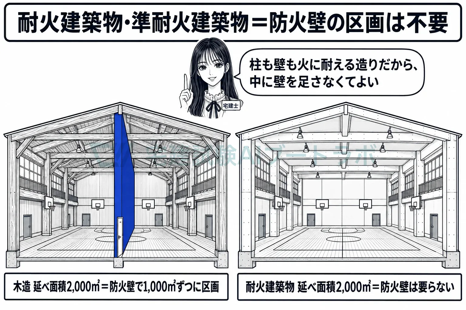 木造の大きな体育館には防火壁、耐火建築物の体育館には要らない。