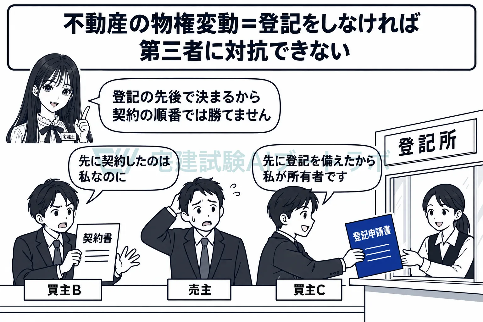 同じ土地を二人が買ったら、先に登記を備えた方が所有者になる。