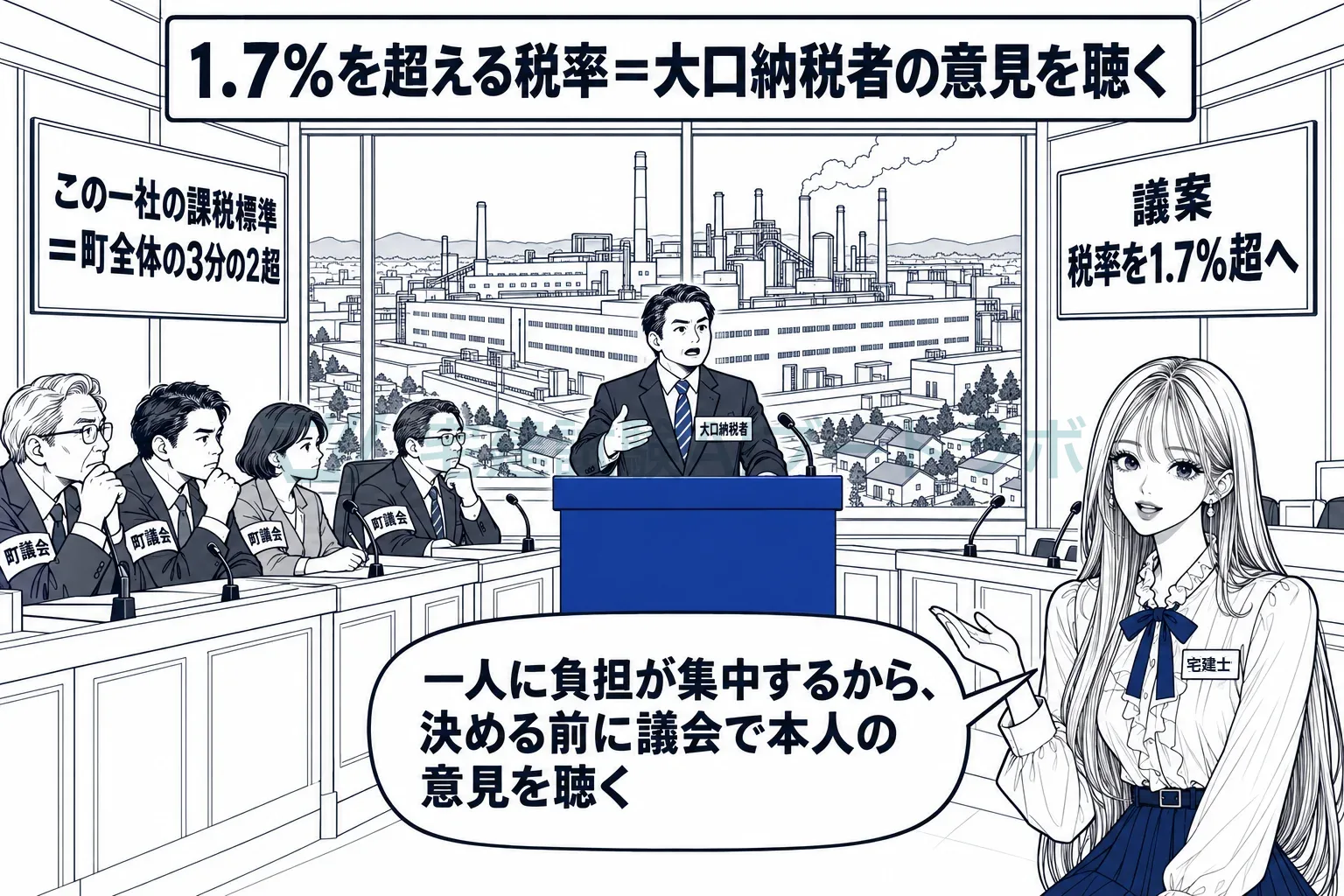 課税標準の3分の2超を占める大口納税者がいる市町村では、1.7%超にする前に議会で意見を聴く。