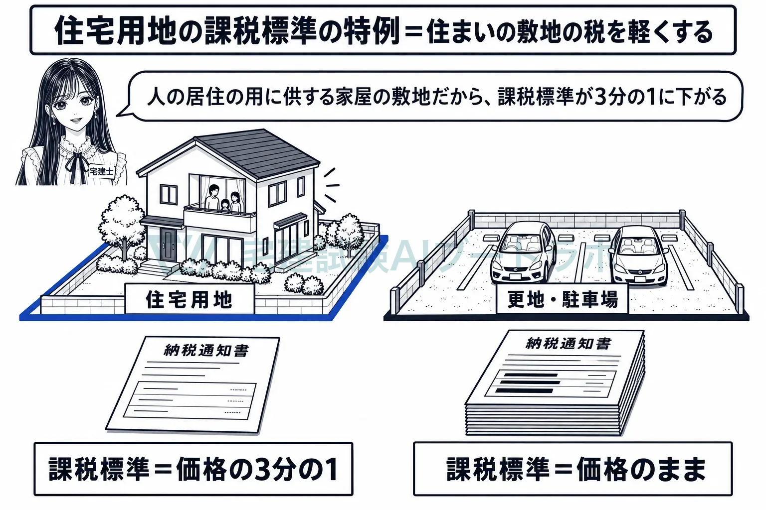 人が住む家の敷地は、課税標準が価格の3分の1。隣の駐車場は価格のまま。