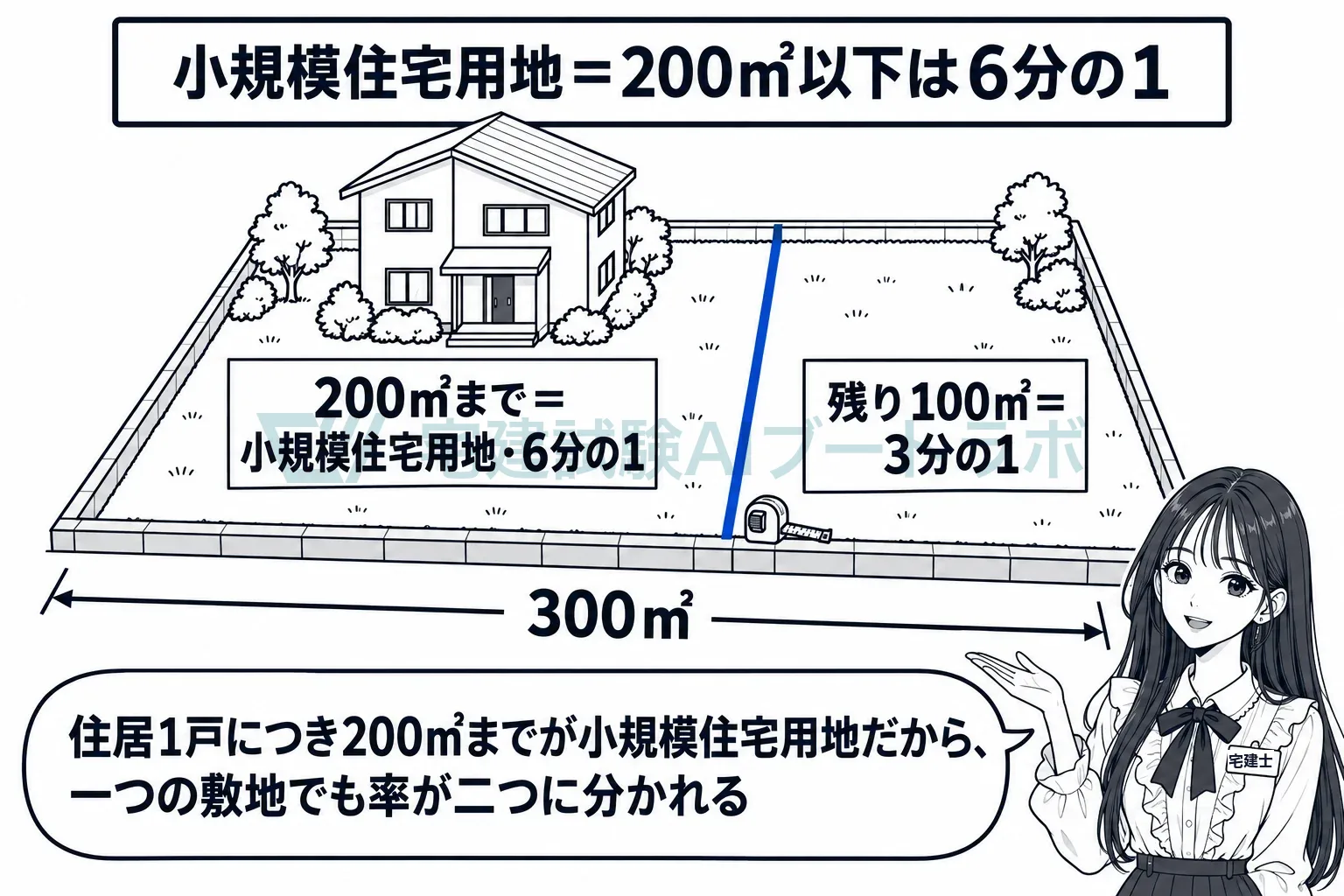 300㎡の敷地に1戸なら、200㎡までが6分の1、残り100㎡が3分の1。