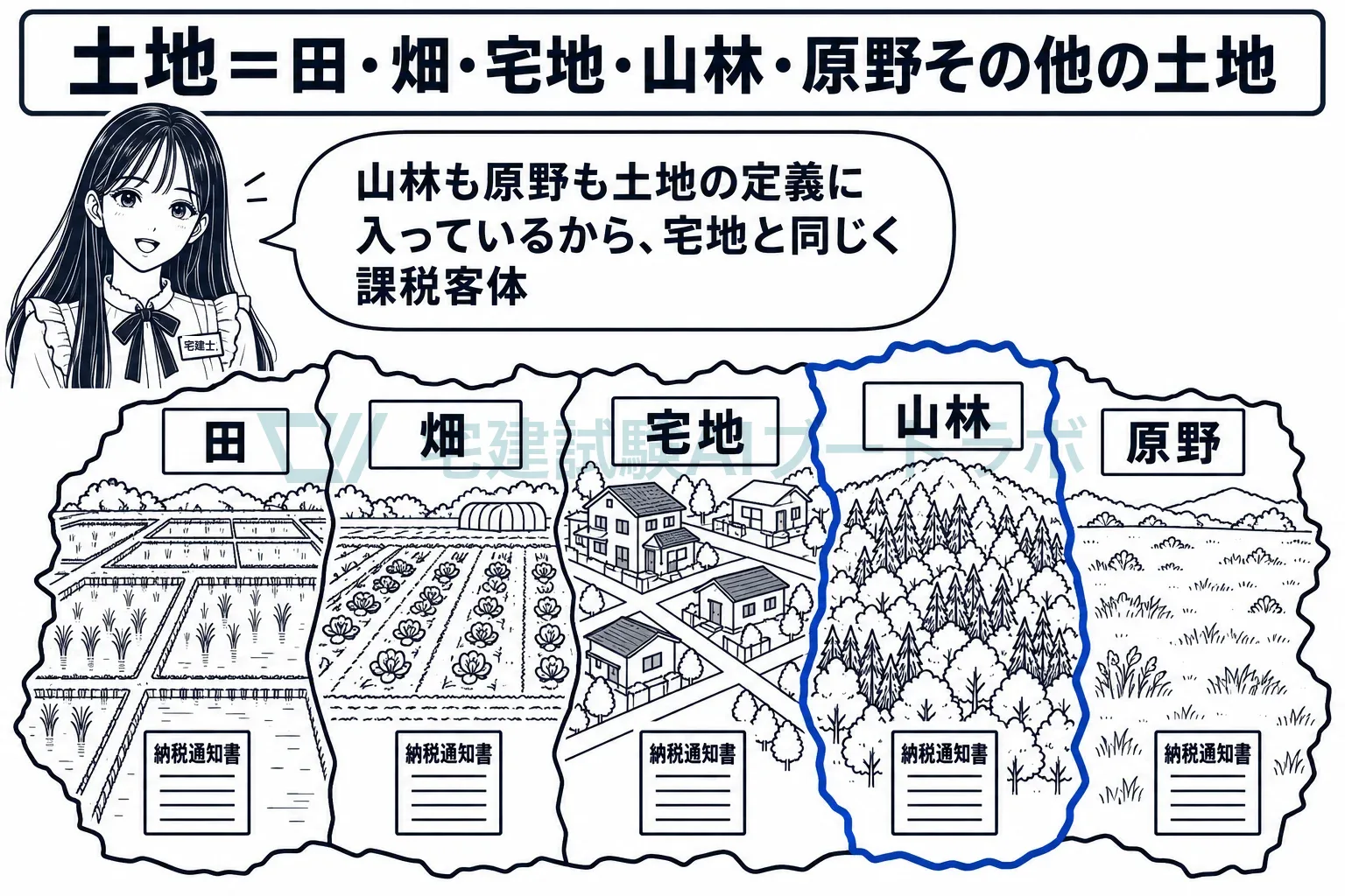 田・畑・宅地・山林・原野。地目を問わず土地は課税客体。