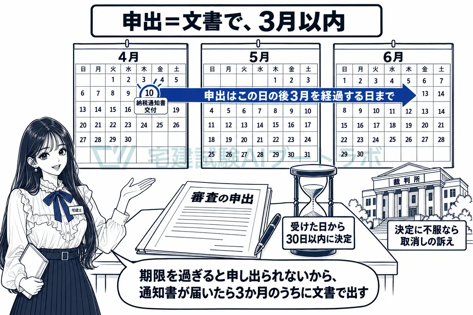 申出は納税通知書を受けた日の後3月まで、委員会は30日以内に決定。