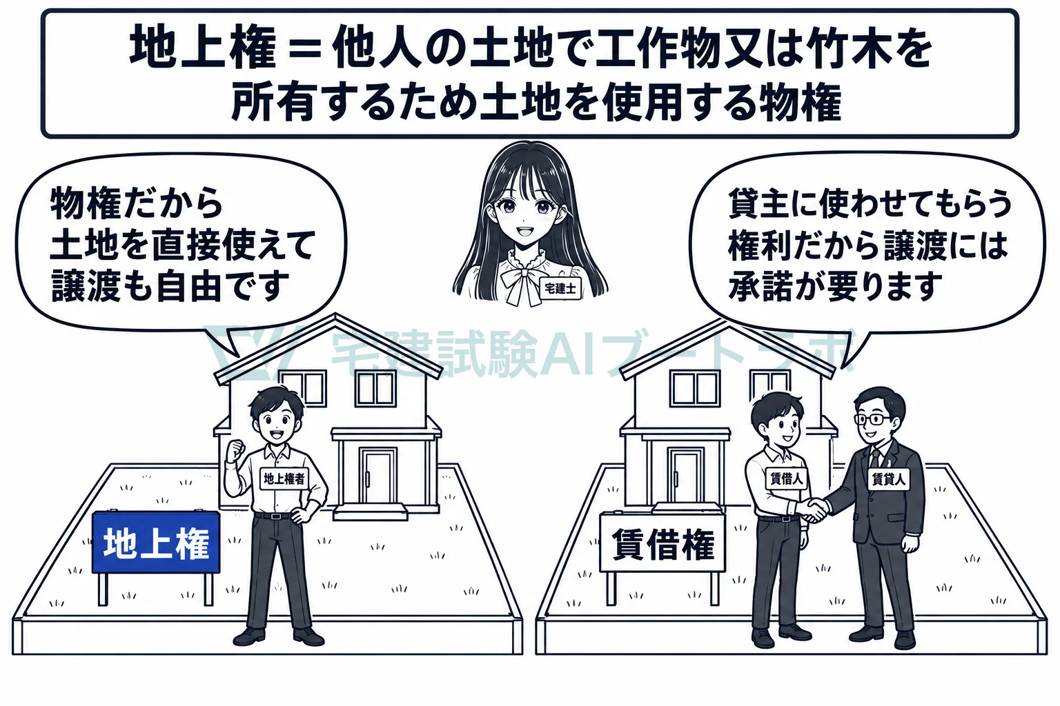 地上権は土地を直接使える物権で、賃借権は貸主に使わせてもらう債権。