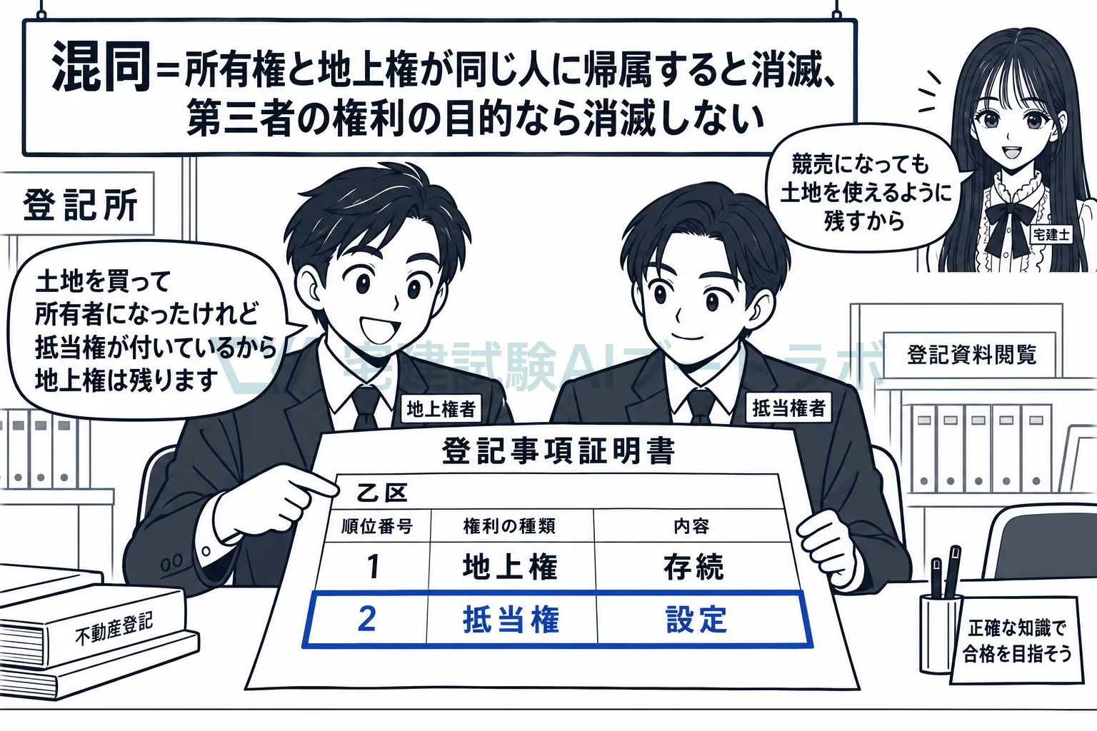 土地に抵当権が付いていれば、地上権者が土地を取得しても地上権は消えない。