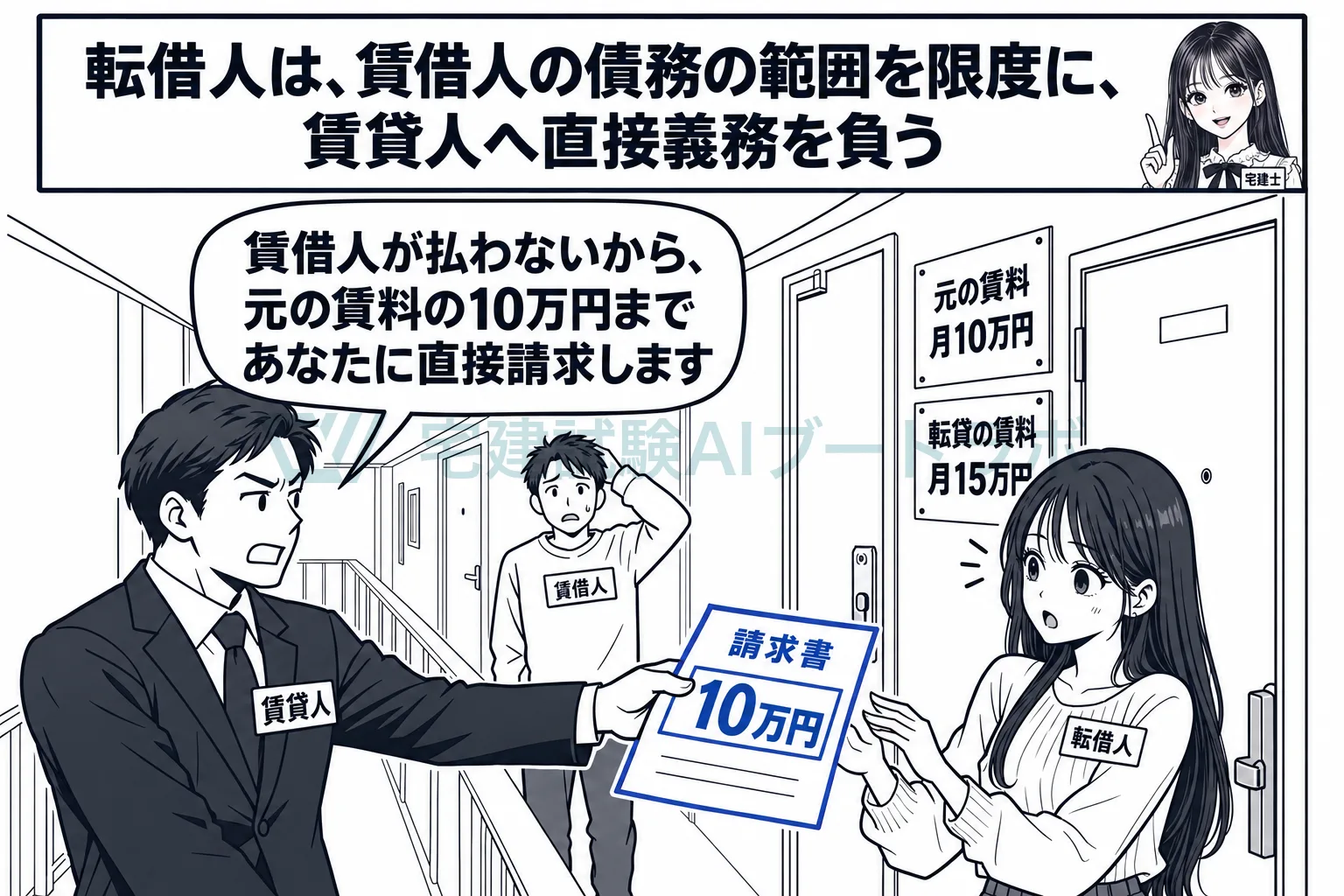 賃貸人は、転借人に賃料を直接請求できる。上限は元の賃料まで。