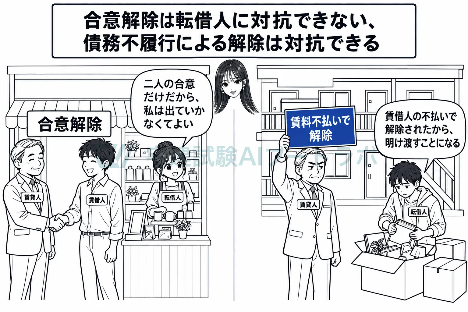 合意解除では転借人を追い出せず、債務不履行による解除なら明渡しを求められる。