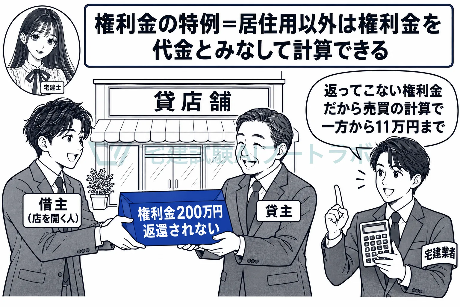 店舗の権利金は、売買の代金とみなして手数料を計算できる。