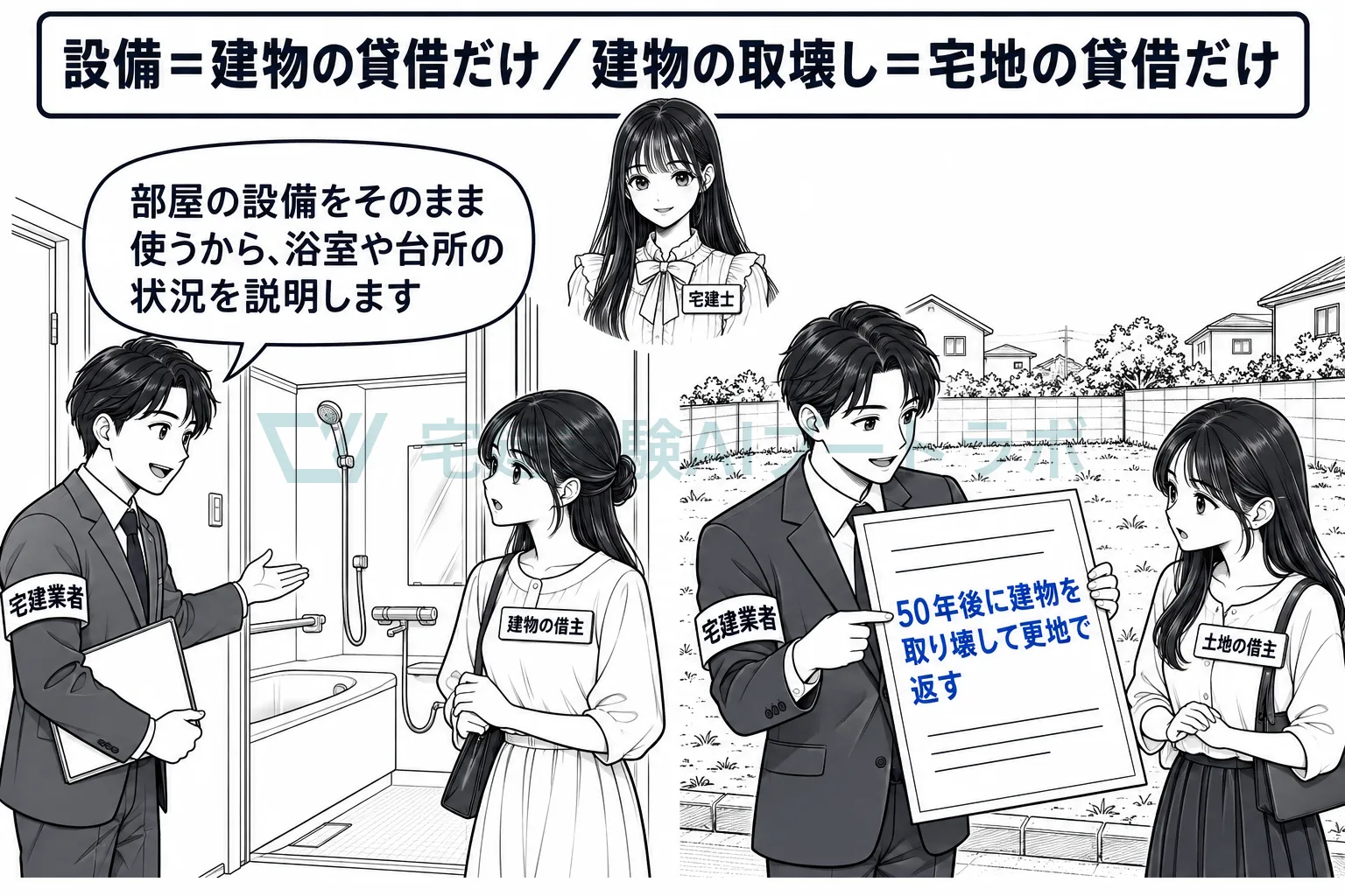 設備の整備の状況は建物の貸借だけ、建物の取壊しは宅地の貸借だけの事項。
