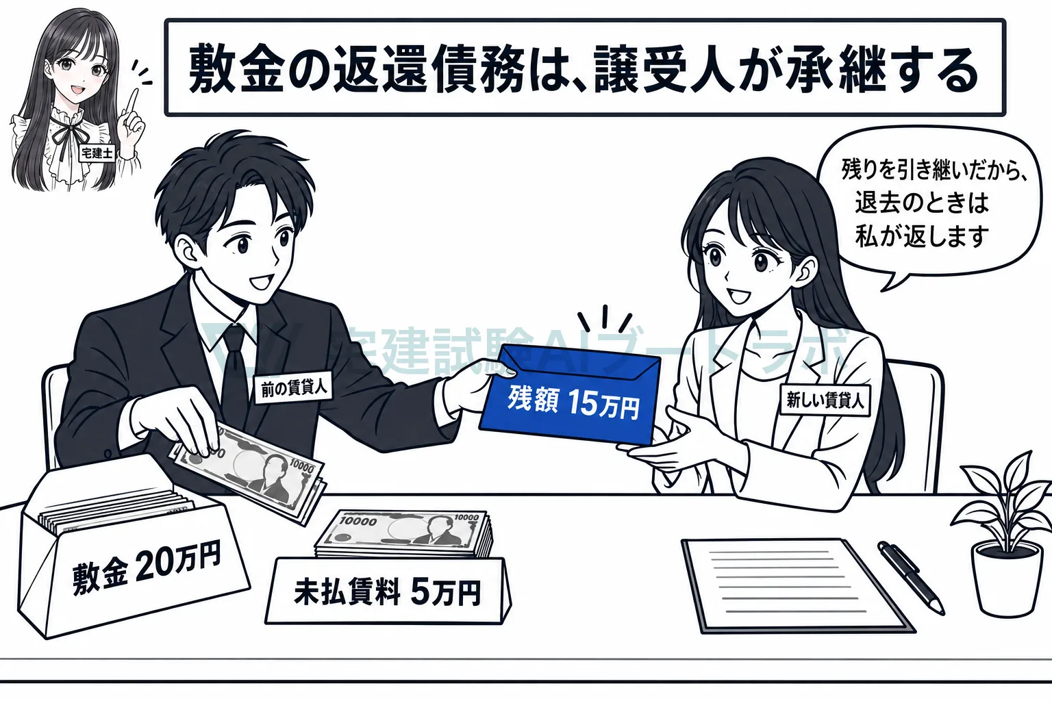敷金は、未払賃料を差し引いた残りが新しい賃貸人に引き継がれる。