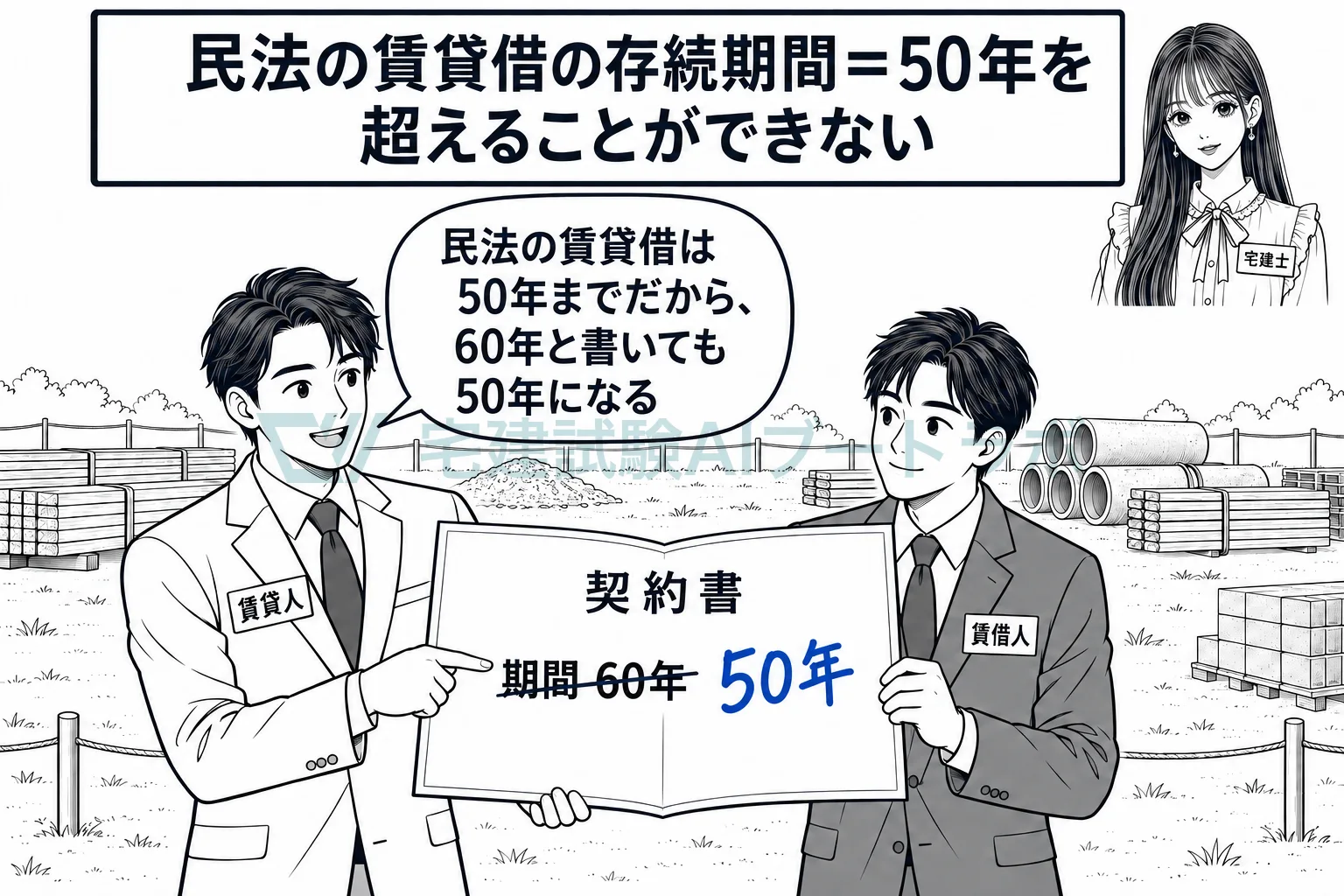 資材置場の賃貸借は、50年を超える期間を定めても50年になる。