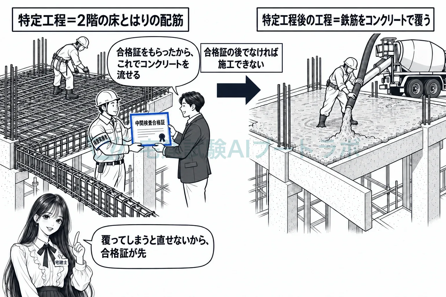 鉄筋を組む、検査、合格証、それからコンクリート。
