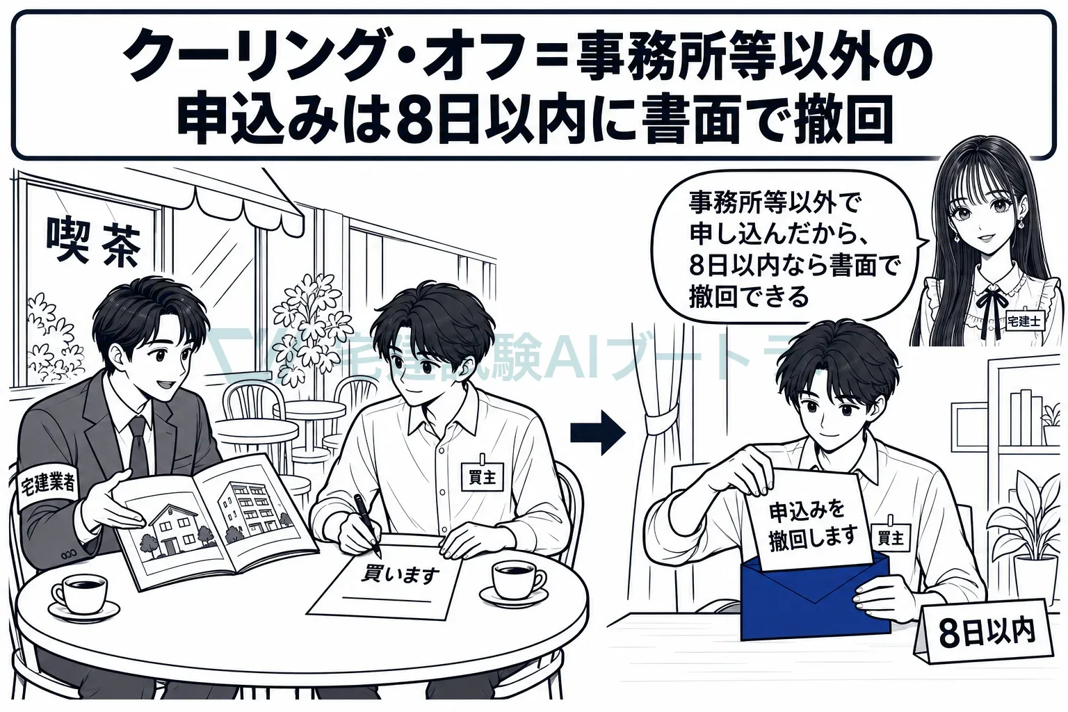 喫茶店で申し込んだ買主は、8日以内なら書面で撤回できる。