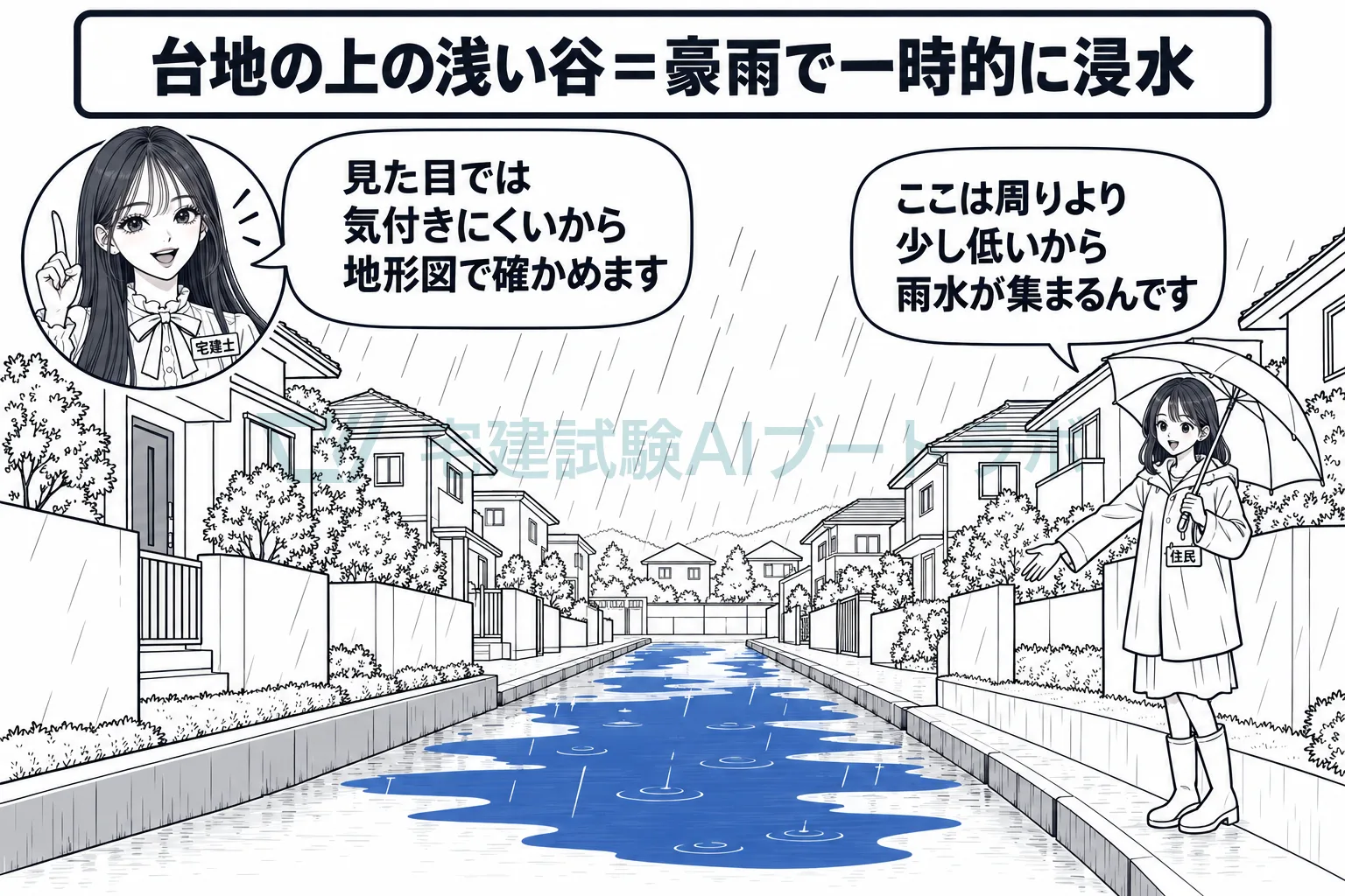 台地の上の浅い谷は雨水が集まるから、大雨で一時的に浸水する。