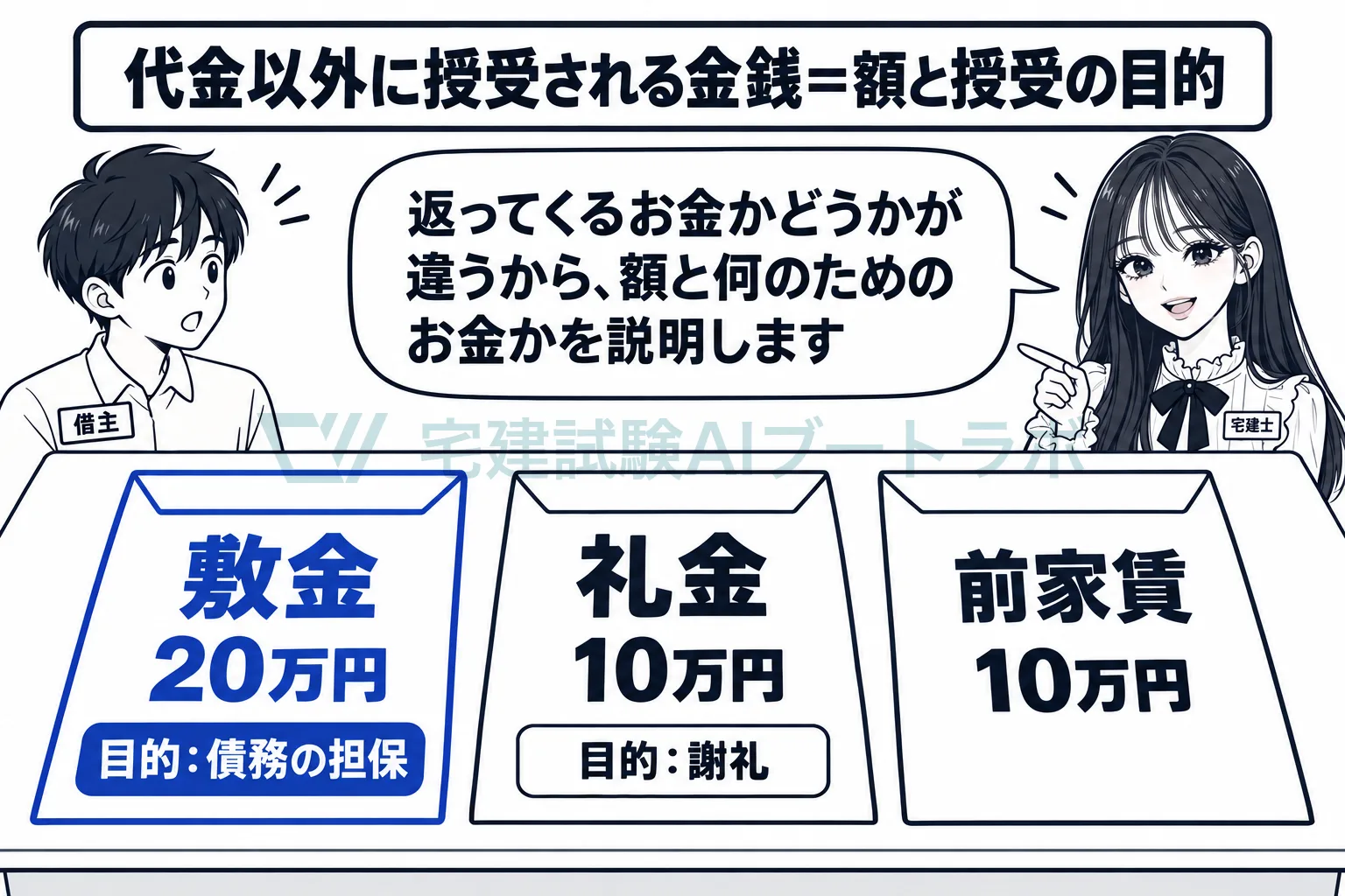 代金や家賃のほかに払うお金は、額と何のためかを説明する。