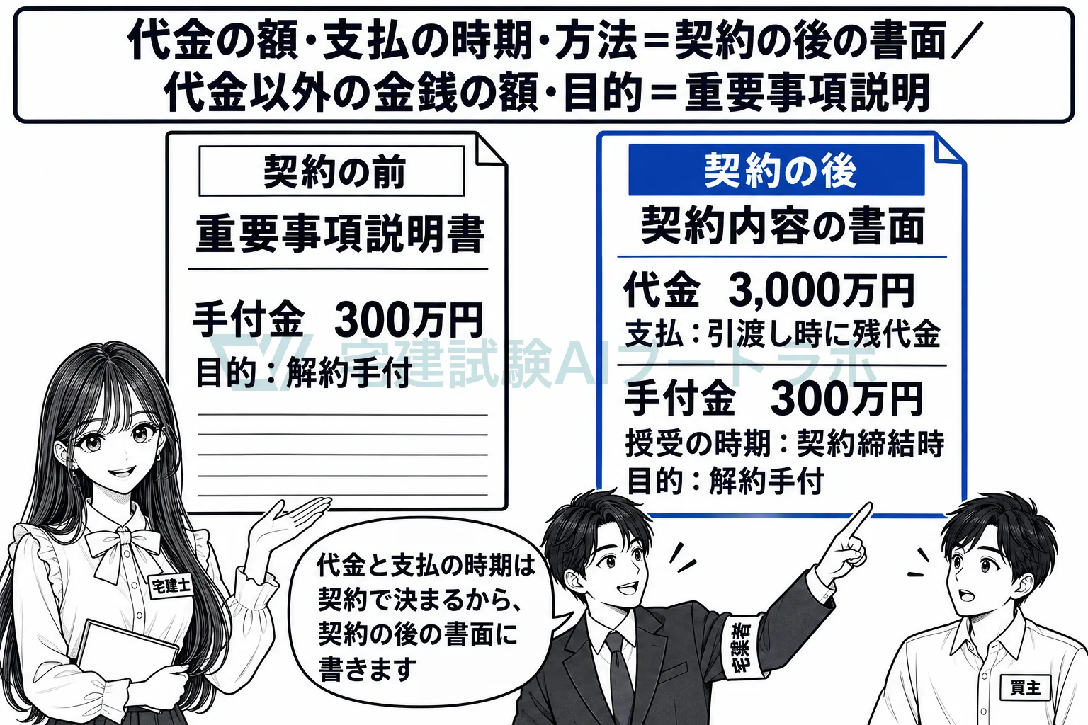 代金そのものの額と支払時期は、契約の後の37条書面に書く。
