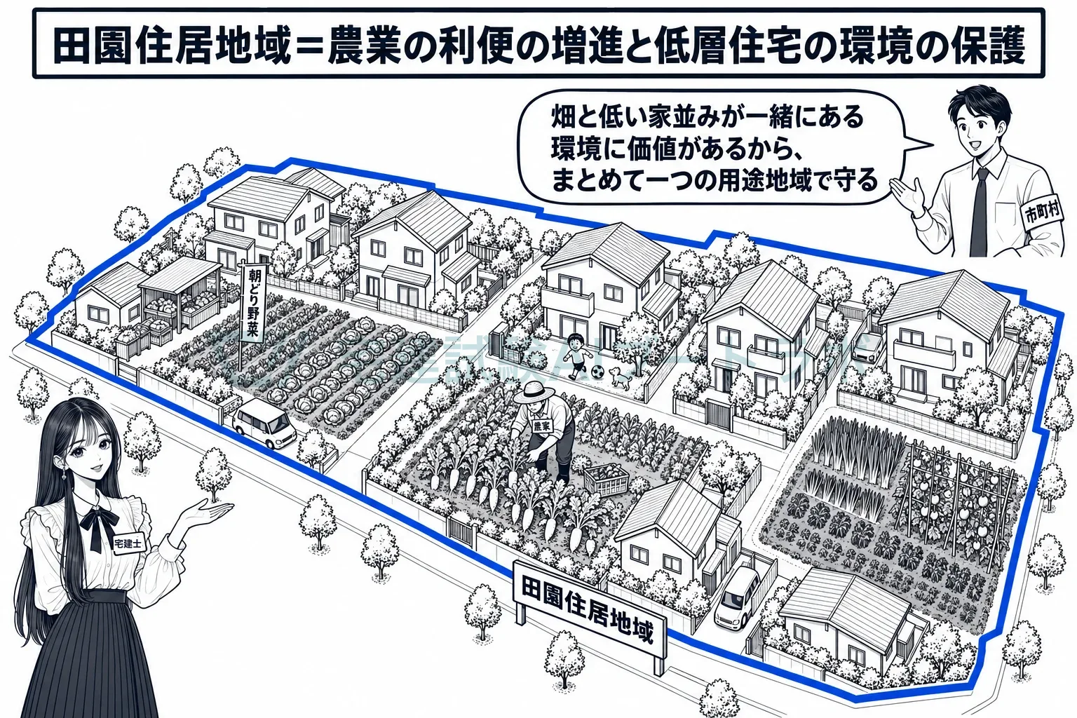 畑と低い家並みと直売所を、一つの用途地域として守る。