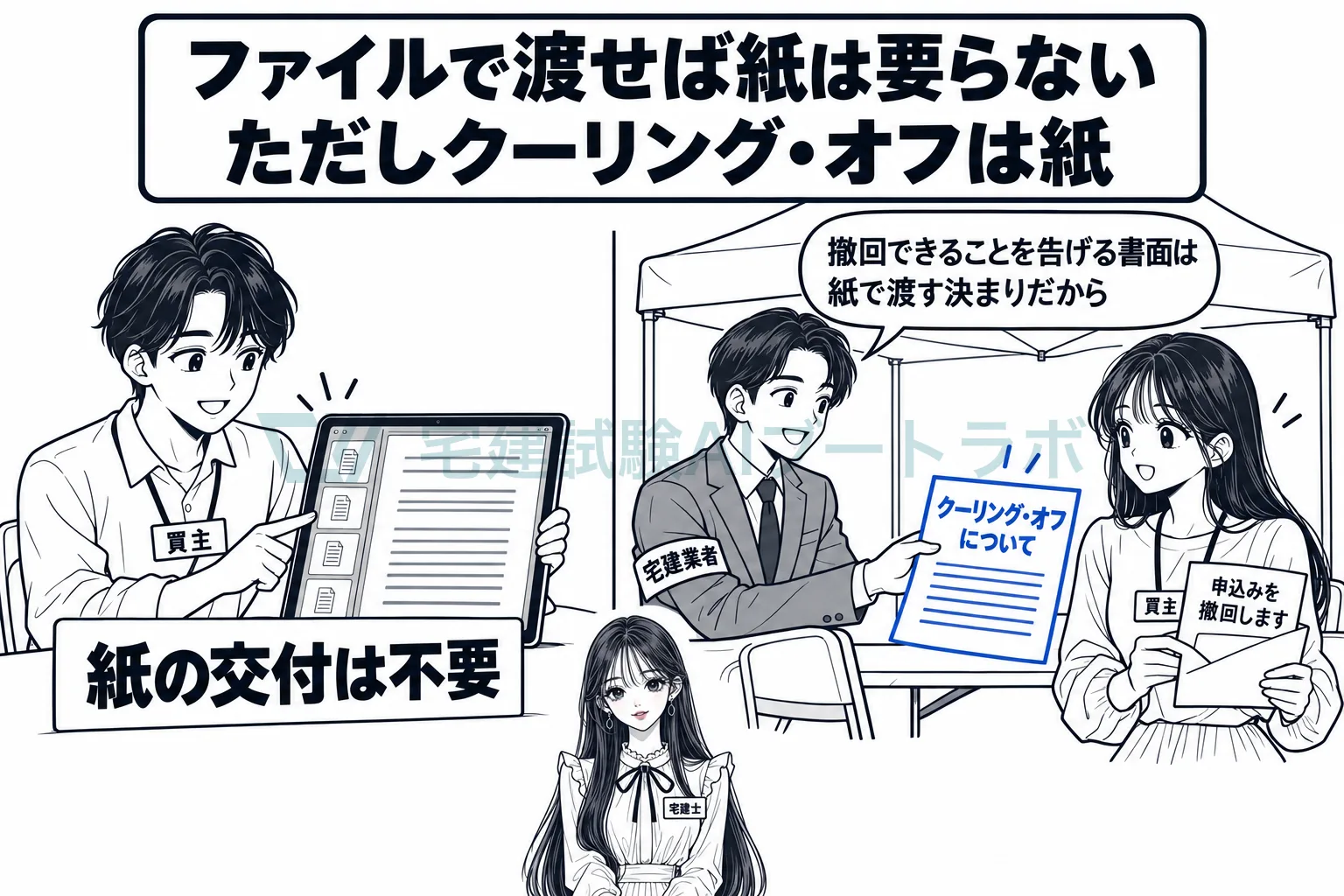 ファイルで渡せば紙は要らないが、クーリング・オフは紙に限られる。