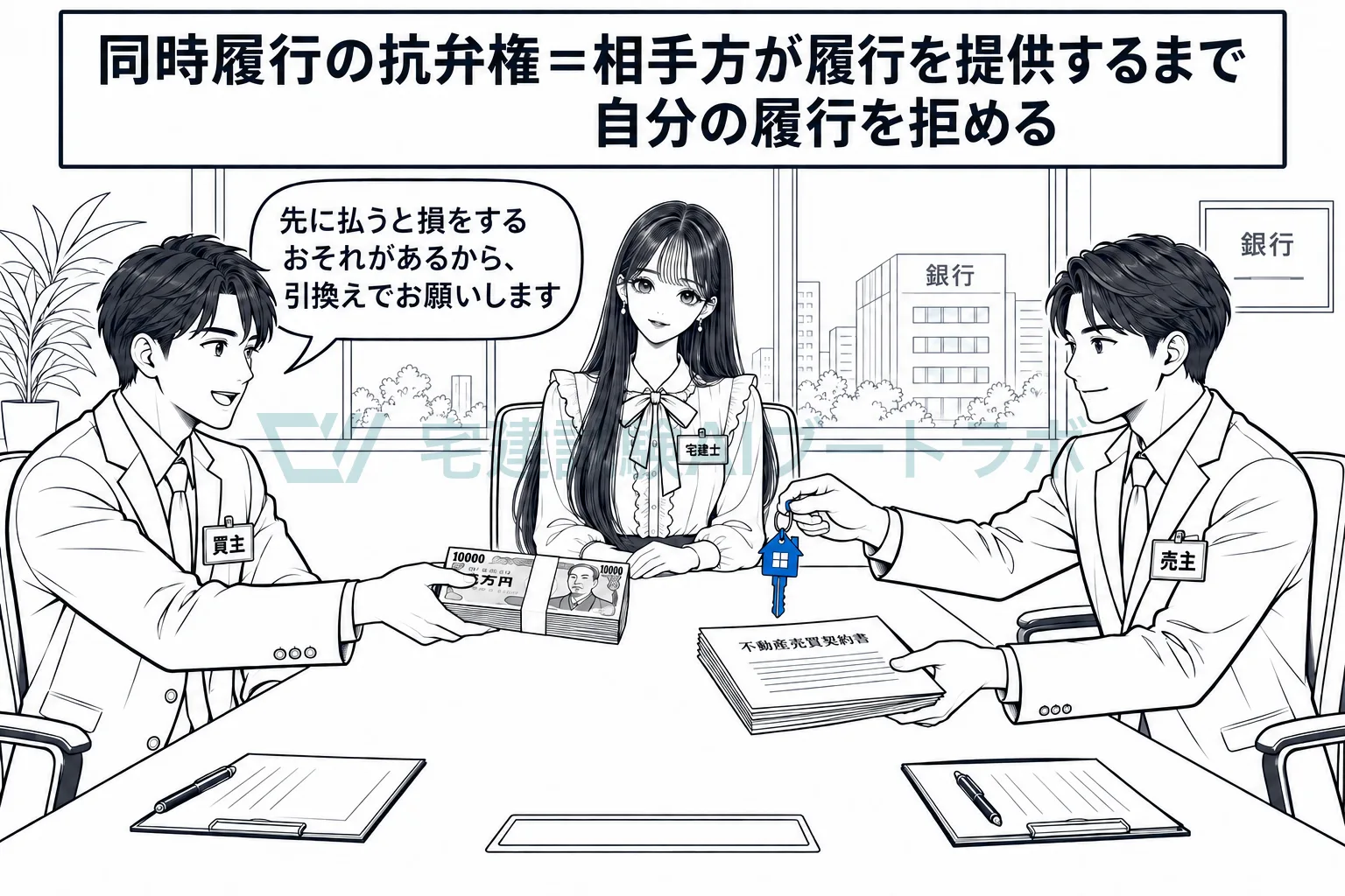 代金の支払と、書類・鍵の引渡しは、引換えに行う。